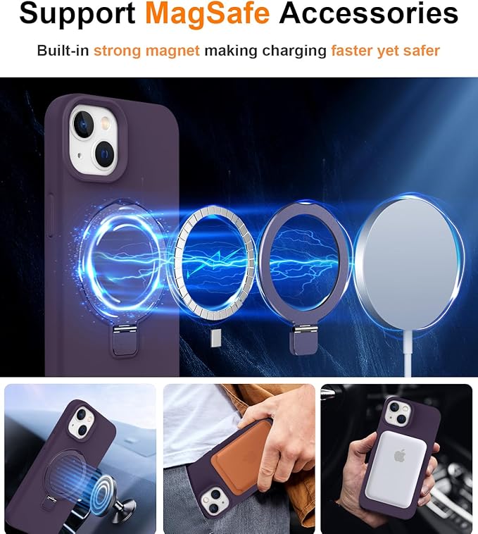 ZHK Liquid Silicone Designed for iPhone 15 Case with Magnet Stand, [Mil-Grade Drop Shockproof][Soft Anti-Scratch Microfiber Lining] Slim Fit Cover, Purple