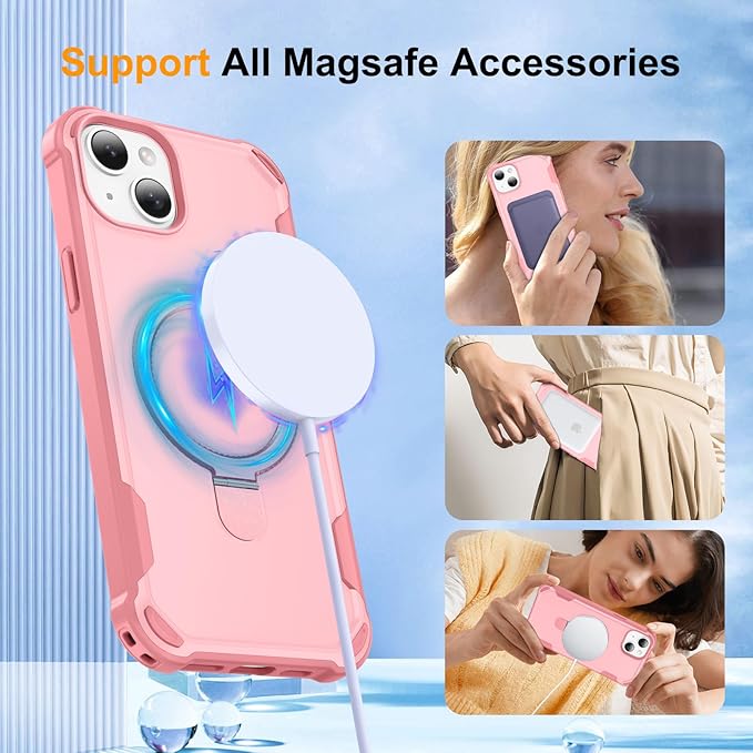 Compatible with iPhone 14 Plus Case & iPhone 15 Plus Case with Invisible Magnetic Ring Stand [Compatible with Magnetic] [Military Drop Protection] Shockproof Slim Cover 6.7 Inch, Pink