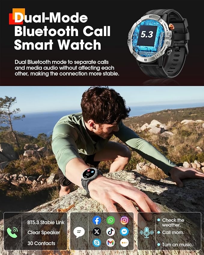 Smart Watches for Men, Bluetooth Call Military Smart Watch, Waterproof Fitness Tracker with Heart Rate/Blood Oxygen/Sleep Monitor/124 Sports Modes, Tactical Watch for Android Phones & iPhone (Silver)