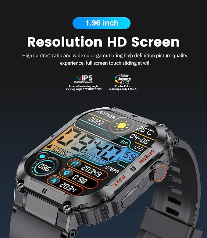 LIGE Military Smart Watches for Men with (Answer/Make Calls),400mAh Large Battery,1.96’’ DH,5ATM Waterproof Smartwatch,120+Sport Modes Heart Rate/Sleep Monitor for Android iOS Silicone