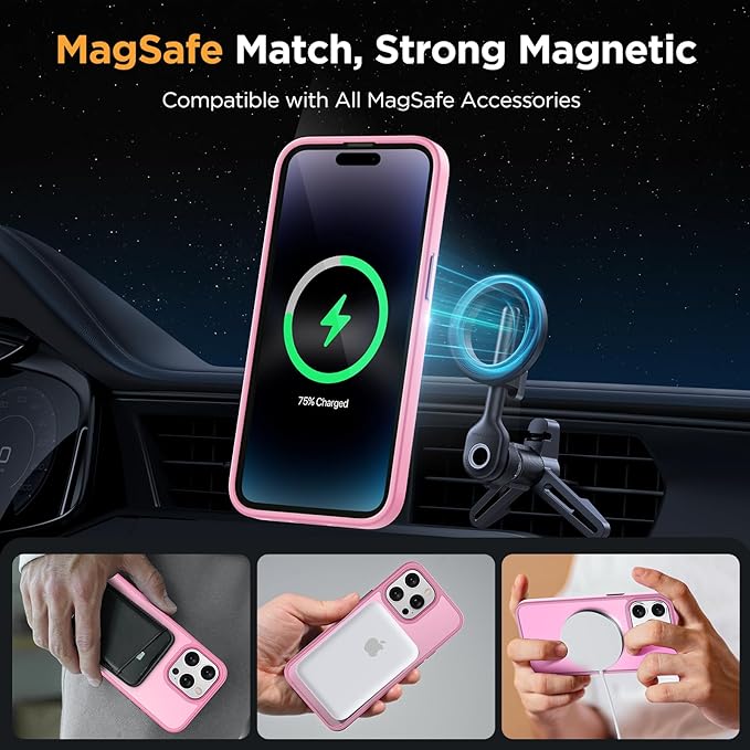 Miracase Magnetic for iPhone 14 Pro Case 6.1 inch (Compatible with MagSafe)（with 2X Screen Protectors） Military-Grade Protection, Anti-Fingerprint Translucent Matte Phone Case Cover, Mes Pink