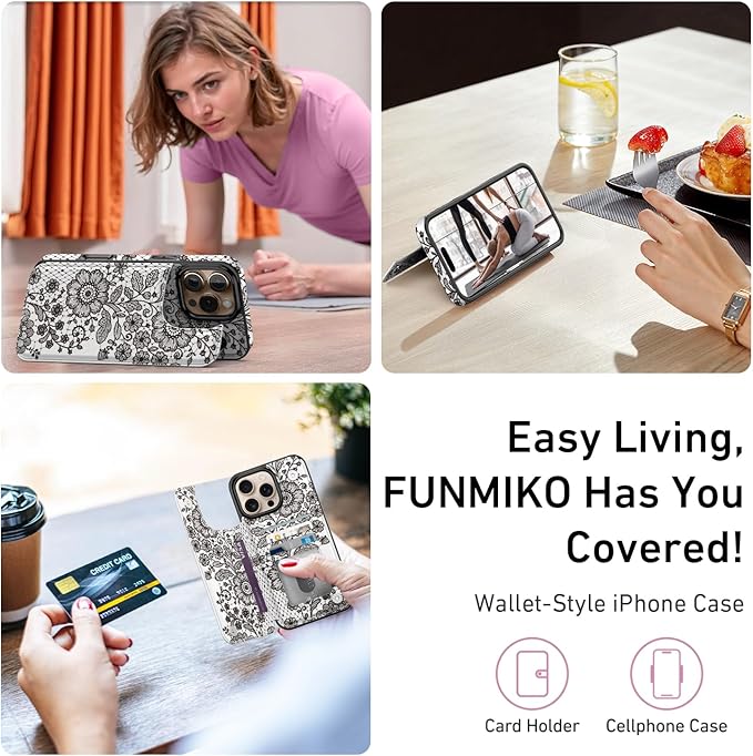FUNMIKO for iPhone 16 Pro Max Wallet Case with Card Holder, RFID-Blocking, Military-Grade Protection & UV-Printed Artwork, Magnetic Closure with Leather Kickstand - Graceful Lace Floral