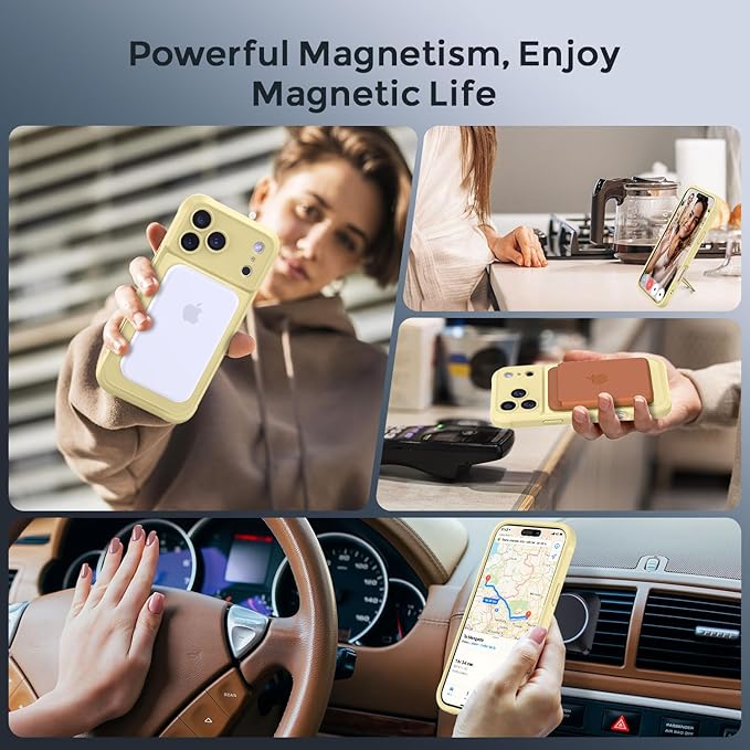 MOCCA Compatible with iPhone 17 Pro Case with Magnetic Invisible Stand [Full Camera Protection] [Compatible with Magsafe] Military Drop Shockproof Translucent Matte Phone Case Cover 6.3",Creamy Yellow