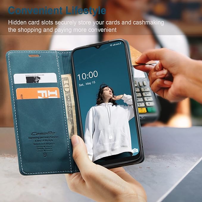 for Samsung Galaxy A22 5G Case, Flip Wallet Leather Case with Card Holder Magnetic Closure Shockproof Kickstand Protective Phone Cases Cover for Samsung A22 5G,Blue-Green