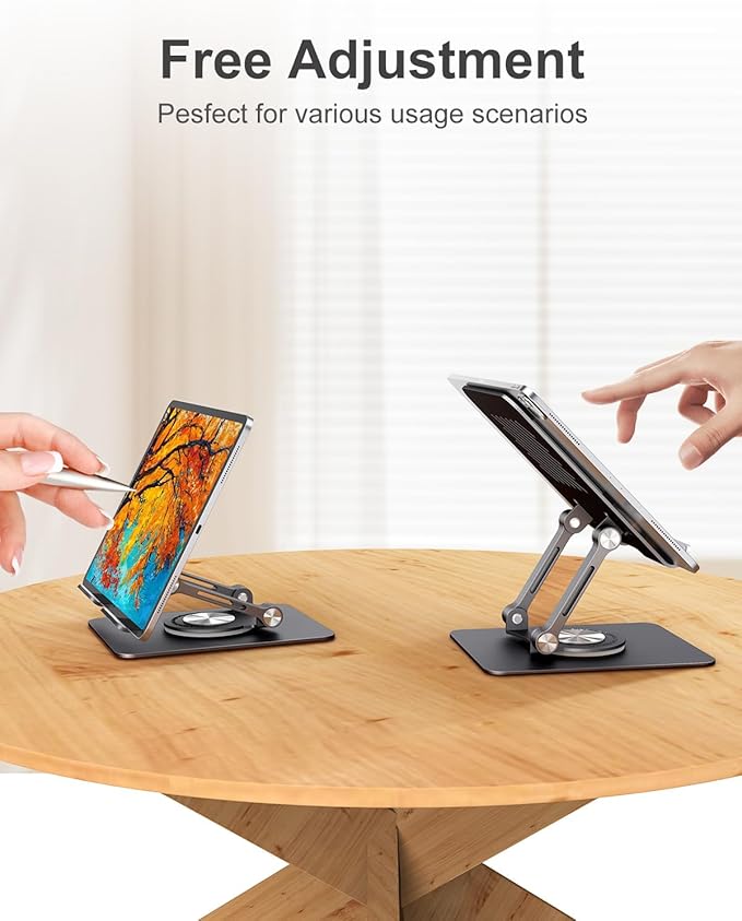 JUANWE Swivel iPad Stand for Desk, Aluminum Tablet Stand for Desk with 360 Rotating Base, Adjustable & Foldable iPad Holder, Compatible with Tablets, Switch, Kindle, Phone