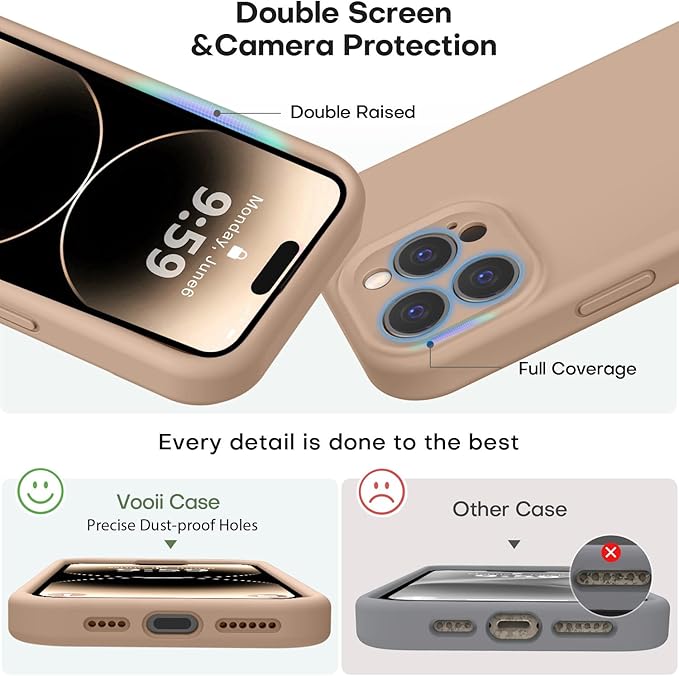 Vooii Compatible with iPhone 14 Pro Case, Liquid Silicone Upgrade [Camera Protection] [Soft Anti-Scratch Microfiber Lining] Shockproof Phone Case for iPhone 14 Pro 6.1 inch - Light Brown