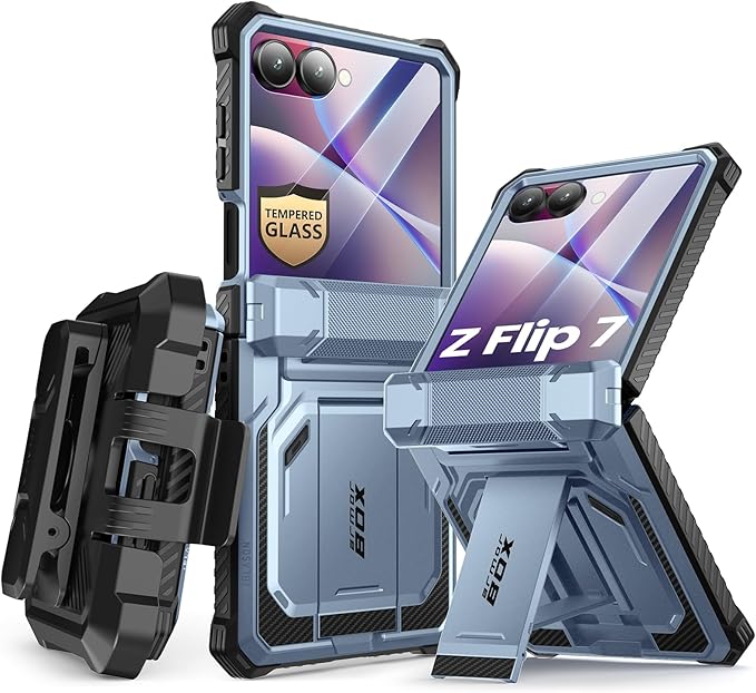 i-Blason for Samsung Galaxy Z Flip 7 Case with Stand, [Tempered Glass Screen Protector] [Hinge Protection] [Belt-Clip], Full-Body Military Protection Phone Case for Samsung Z Flip 7, Armorbox, Blue