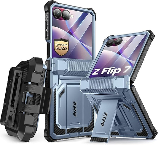 i-Blason for Samsung Galaxy Z Flip 7 Case with Stand, [Tempered Glass Screen Protector] [Hinge Protection] [Belt-Clip], Full-Body Military Protection Phone Case for Samsung Z Flip 7, Armorbox, Blue
