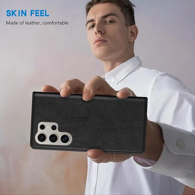 ZZXX for Samsung Galaxy S25 Ultra Wallet Case with [RFID Blocking] Card Slot Stand Strong Magnetic Leather Flip Fold Protective Phone Case for Samsung Galaxy S25 Ultra Case Wallet(Black-6.8 inch)