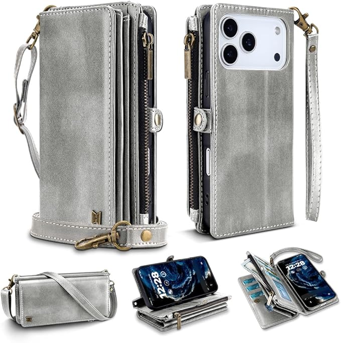 for iPhone 17 Pro Wallet Phone Case with 7 Card Holder,RFID Blocking | PU Leather | Kickstand | Flip | Wrist Strap&Shoulder Strap | Shockproof | Zipper Wallet | Women Men | 6.3" | Silvery