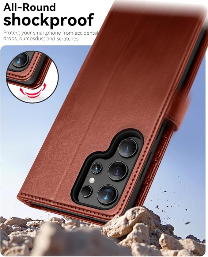 OCASE Compatible with Galaxy S25 Ultra Wallet Case, PU Leather Flip Folio Case with Card Holders RFID Blocking Kickstand [Shockproof TPU Inner Shell] Protective Phone Cover 2025, Dark Brown