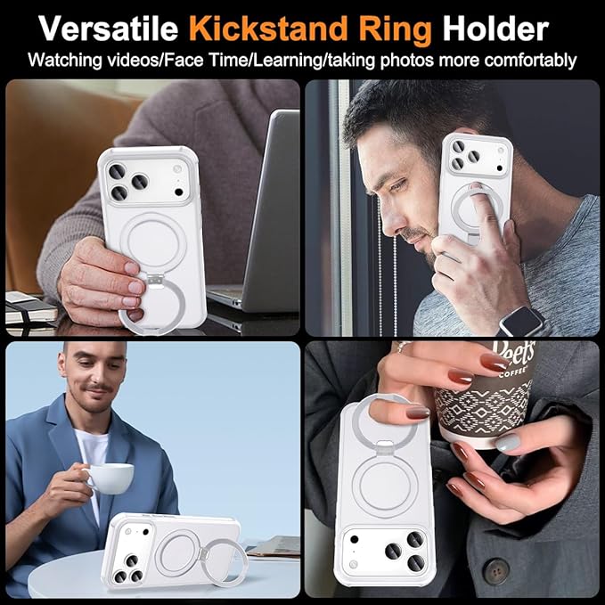 Magnetic Compatible with iPhone 17 Pro Case with Stand [Military Grade Drop Tested][Compatible with Magnet] Ring Translucent Slim Hard Back Soft Edge, Frost White