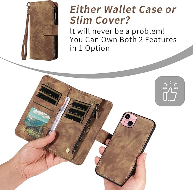 Asuwish Phone Case for iPhone 15 6.1 inch Zipper Wallet Magnetic Cell Cover with Tempered Glass Screen Protector Crossbody Strap Flip Credit Card Holder iPhone15 5G i i-Phone i15 15Case Women Brown