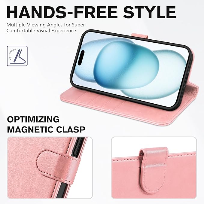 TUCCH Wallet Case for iPhone 15 6.1" 5G, [Wrist Strap] Kickstand RFID Blocking 4 Card Slots Magnetic Closure, PU Leather Shockproof TPU Shell Compatible with iPhone 15 2023, Pink with Wristlet