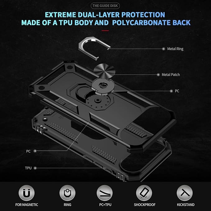 ADDIT Compatible with iPhone 17 Air Case with Tempered Glass Screen Protector, Adjustable Kickstand Ring, Military-Grade Heavy Duty Protection, Shockproof, Anti-Fingerprint, Black