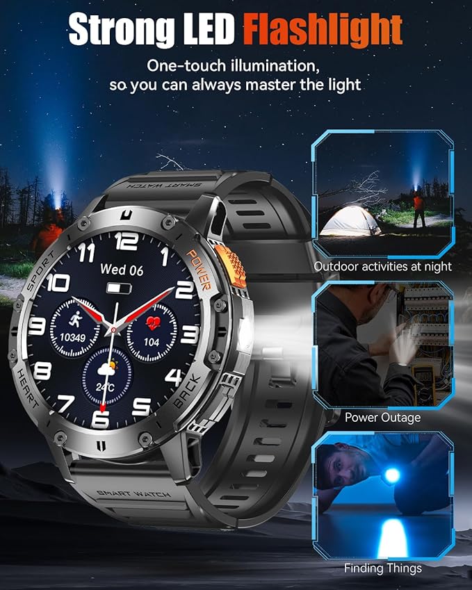 Military Smart Watches for Men with Bluetooth Call, 1.43" AMOLED Waterproof Smartwatch with Flashlight, 111 Sport Modes, 530mAh Heart Rate/SpO2/Sleep Monitor Fitness Tracker for Android iOS