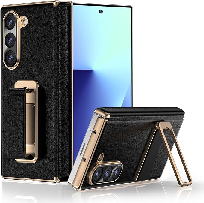 for Samsung Galaxy Z Fold 7 Case with Kickstand,【Military Grade Protection】【Hinge Protection】, Scratch Resistant Protective Phone Case for Z Fold 7 Leather Case, Black（Back Cover Version）