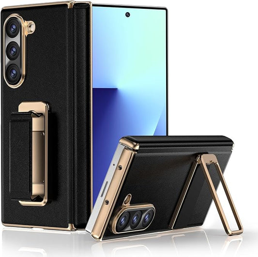 for Samsung Galaxy Z Fold 7 Case with Kickstand,【Military Grade Protection】【Hinge Protection】, Scratch Resistant Protective Phone Case for Z Fold 7 Leather Case, Black（Back Cover Version）
