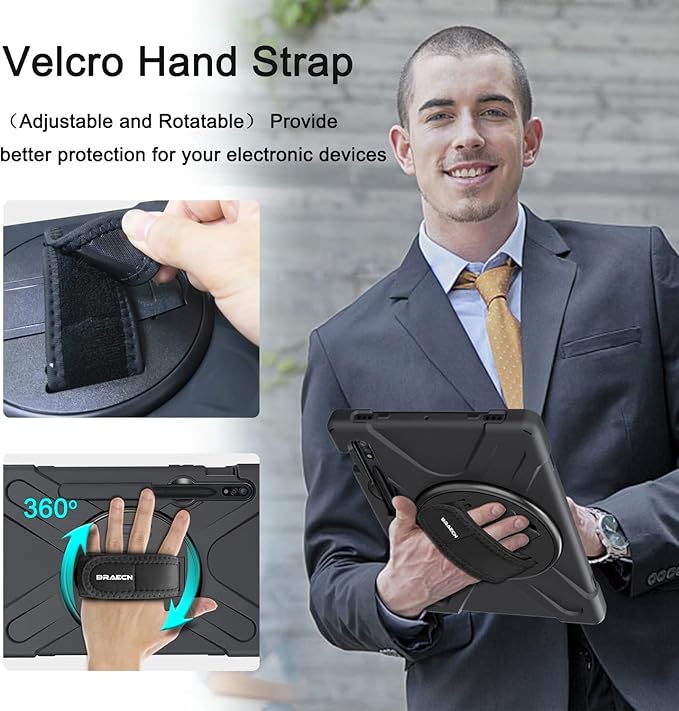 BRAECN for Samsung Galaxy Tab S10 Plus Case 2024/S9 Plus/S9 FE+/S8 Plus/S7 Plus /S7 FE 12.4 Inch,Heavy Duty Shockproof Case with S Pen Holder&360 Rotating Hand Strap/Kickstand Shoulder Strap,Black
