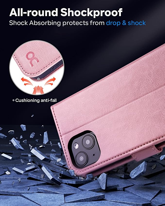 OCASE Compatible with iPhone 14 Wallet Case, PU Leather Flip Folio Case with Card Holders RFID Blocking Kickstand [Shockproof TPU Inner Shell] Phone Cover 6.1 Inch 2022 (Pink)