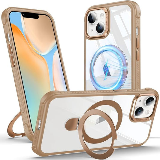 Anqrp O-Ring Magnetic Kickstand Clear Case for iPhone 14/13, Compatible with Mag-Safe, Military-Grade Reinforced 4-Corners Anti-Yellowing Transparent Phone Case Cover for iPhone 13/14, Gold