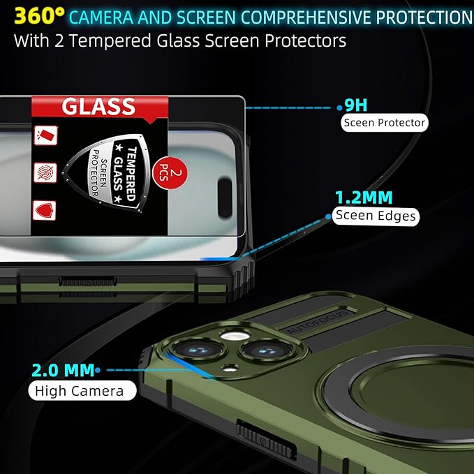 for iPhone 15 Case Magnetic Compatible with MagSafe Wireless Charging,with 2 Screen Protectors,Built-in Kickstand Ring,Shockproof Shock-Absorbent Scratch Resistant Heavy Duty Protection Green