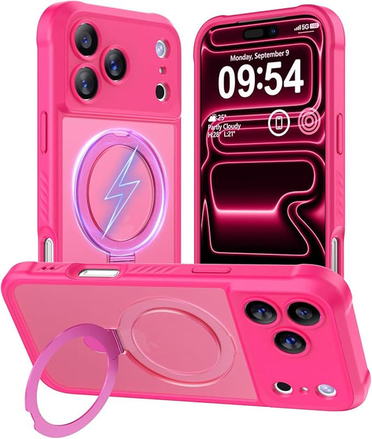 MOCCA Compatible with iPhone 17 Pro Case with Magnetic Invisible Stand [Full Camera Protection] [Compatible with Magsafe] Military Drop Shockproof Translucent Matte Phone Case Cover 6.3",Hot Pink