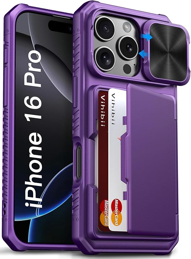 Vihibii for iPhone 16 Pro Case Wallet with Card Holder (4 Cards) [RFID Blocking] & Slide Camera Cover, Military Grade Drop Protection, Hard Back & Silicone Edge Phone Cover, 6.3" 2024, Dark Purple