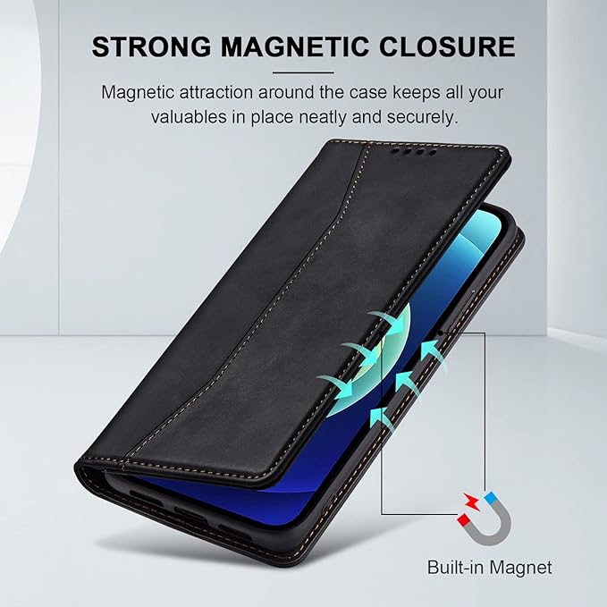 Jasonyu Flip Wallet Case for iPhone 12/12 Pro,Leather Magnetic Folio Cover with Card Holder,Kickstand - TPU Shockproof Durable Protective Phone Case,Black