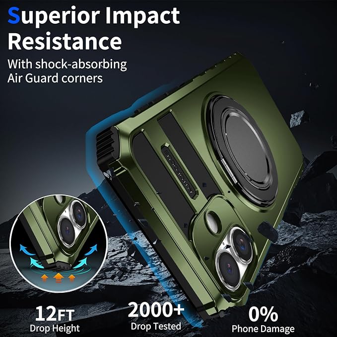 for iPhone 16 Plus Case Magnetic Compatible with Wireless Charging,16 Plus Phone Case with 2 Screen Protector,Built-in Kickstand Ring Military Grade Drop Shockproof Heavy Duty Protection Green