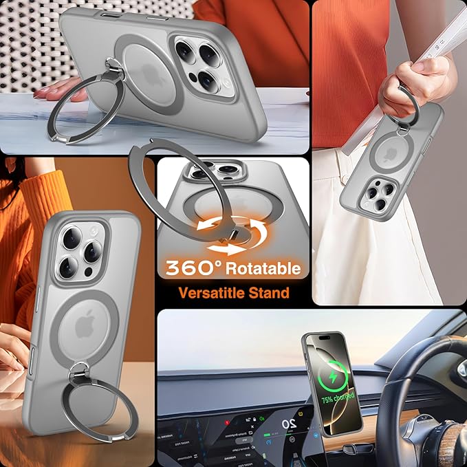 360° O-Ring MagStander for iPhone 14 Pro Max Case with Magnetic Kickstand Ring Holder [Compatible with MagSafe][360°Rotate Stand][Military Shockproof] iPhone 14 Pro Max Phone Cover Grey