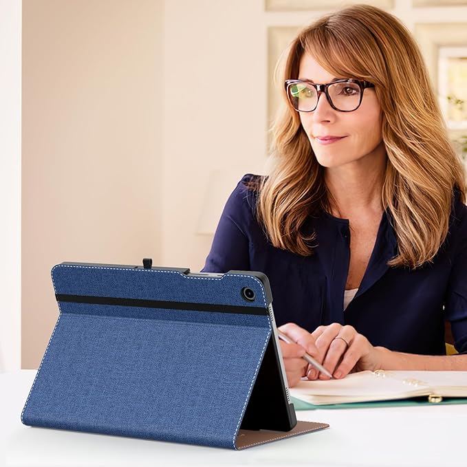 MoKo Case for Samsung Galaxy Tab A9 Plus 11" 2023 (SM-X210/SM-X216/SM-X218), PU Leather Multi-Angle Viewing Folding Stand Cover Case with Hand Strap, Front Pocket, Auto Wake/Sleep, Denim Blue & Brown