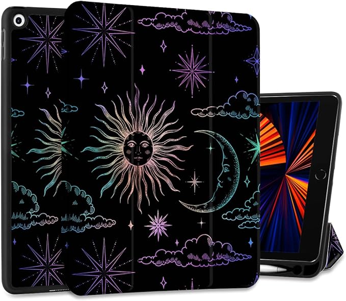 DONGKE Case Compatible with iPad 10.2 Inch 2021 2020 2019 iPad 9th/8th/7th Generation with Pencil Holder, Slim Stand Protective Case with Soft TPU Back, Auto Sleep/Wake Cover, Sun & Moon