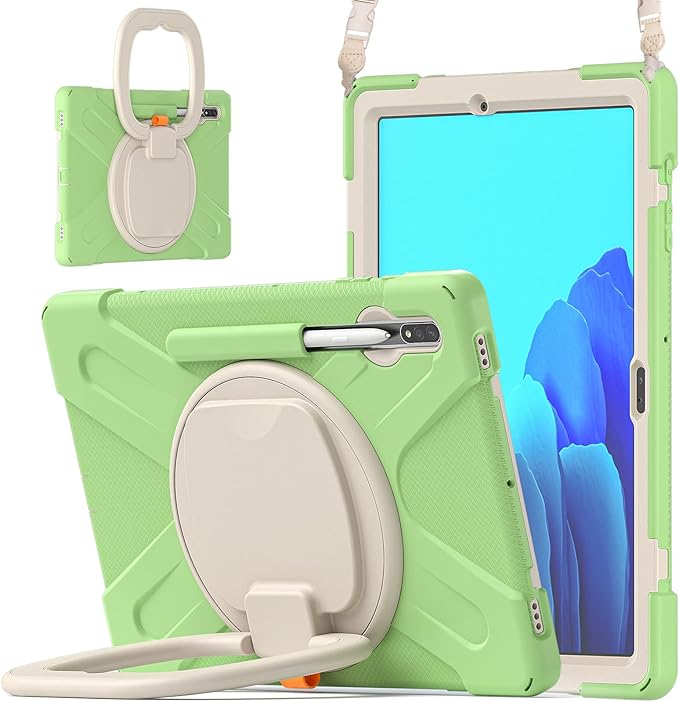 360 Rotation Portable Case for Galaxy Tab S8+/S7 FE/S7+ 12.4 Inch Case with S Pen Holder Rugged Case Rotating Stand Hand Strap Shoulder Carrying Strap Outdoor Cover (LightGreen)