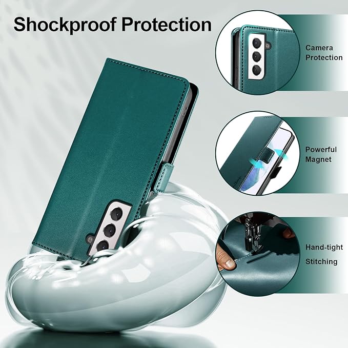 Wallet Flip Case for Samsung Galaxy S21 5G - [RFID Blocking] Luxury PU Leather Card Holder Magnetic Phone Cover with Kickstand,Shockproof Protective Case,Green