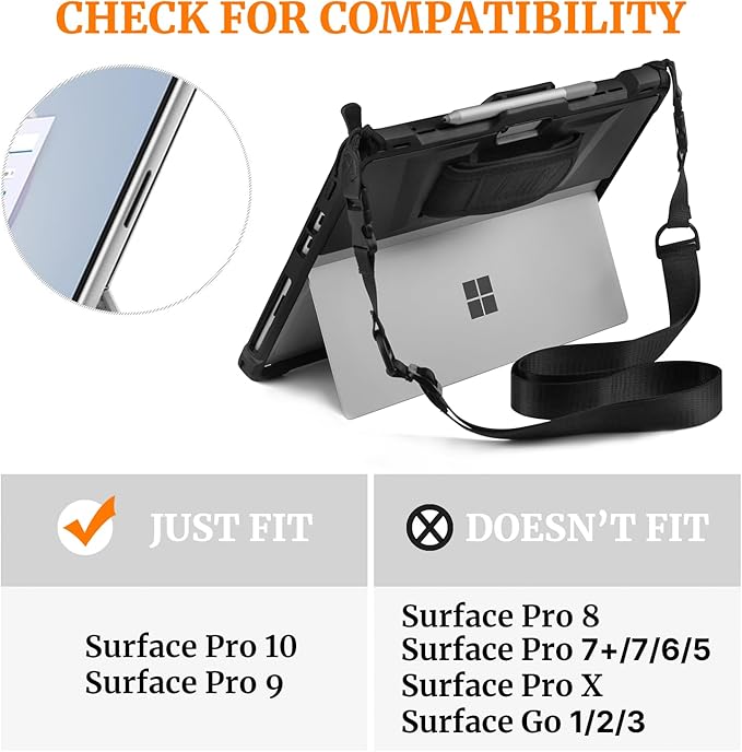 Microsoft Surface Pro 11/10/9 Case with Hand & Shoulder Strap, Pen Holder, Compatible with Type Cover Keyboard Rugged Protective Cover