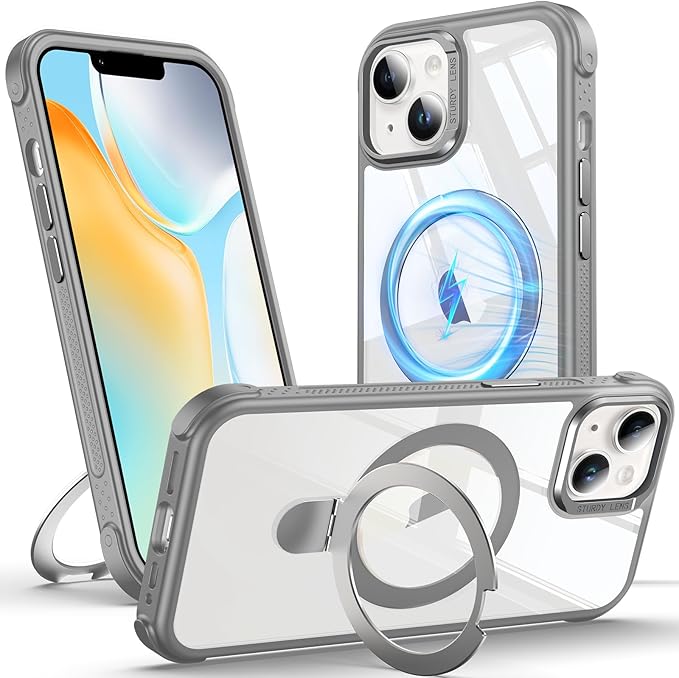 Anqrp O-Ring Magnetic Kickstand Clear Case for iPhone 14/13, Compatible with Mag-Safe, Military-Grade Reinforced 4-Corners Anti-Yellowing Transparent Phone Case Cover for iPhone 13/14, Gray