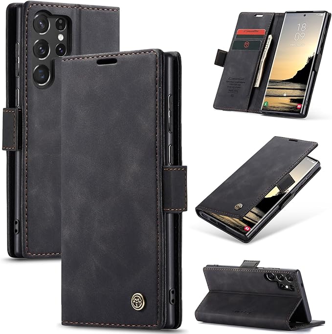 for Samsung Galaxy S25 Ultra Case, Flip Wallet Leather Case with Card Holder Magnetic Closure Shockproof Kickstand Protective Phone Cases Cover for Galaxy S25 Ultra, Black