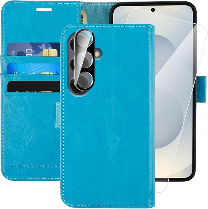 MONASAY Wallet Case Fit for Samsung Galaxy S25 5G, [Lens & Glass Screen Protector Included] [RFID Blocking] Flip Folio Leather Cell Phone Cover with Credit Card Holder, 6.2 inch, Light Blue