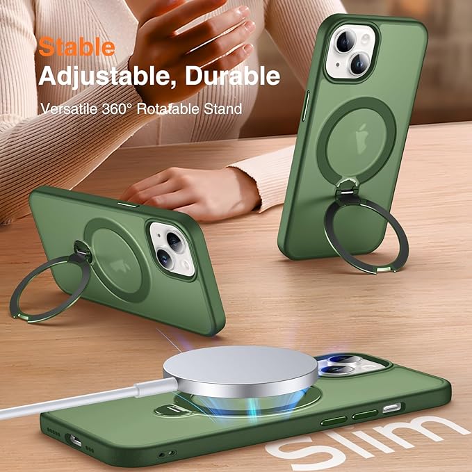 360° O-Ring MagStander for iPhone 15 Case with Magnetic Kickstand Ring Holder [Compatible with MagSafe][360°Rotate Stand Ring][Military Shockproof] Magnet iPhone 15 Phone Cover Matte Green