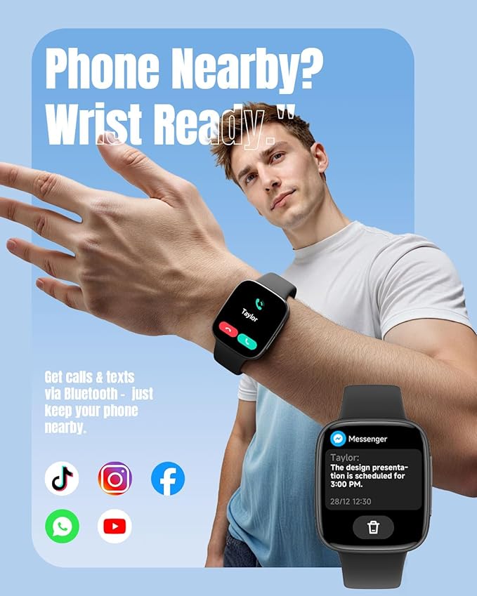 Smart Watch for Women Men Android & iPhone, 1.85" Ultra HD AMOLED Display,10 Day Battery, 3ATM Swimming Waterproof, Answer/Make Calls, Fitness/Heart Rate/Sleep Tracker/100 Sports, Black