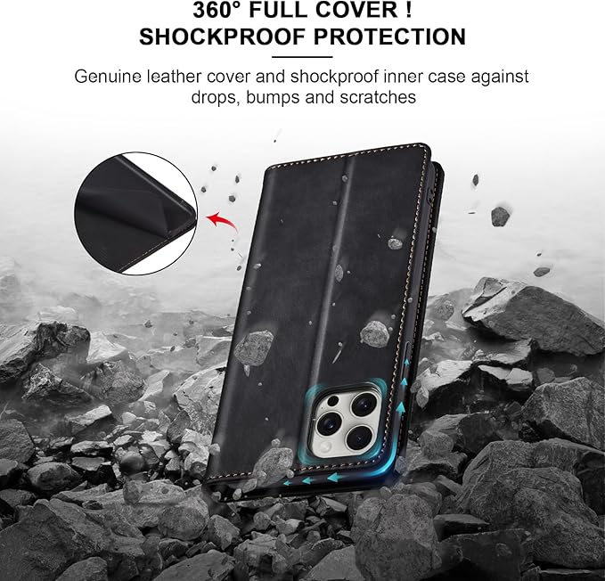 Jasonyu Flip Wallet Case for iPhone 15 Pro,Leather Magnetic Folio Cover with Card Holder,Kickstand - TPU Shockproof Durable Protective Phone Case,Black