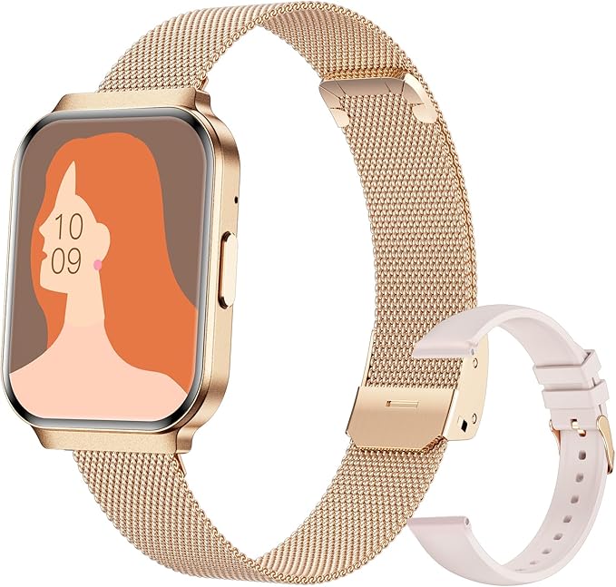 Welfit Women's Smart Watch, 1.75-inch Blood Pressure, Call/Message, Female Cycle Tracking, Heart Rate and Sleep Monitor, IP68 Waterproof for Android and iOS (Gold 2 Straps)