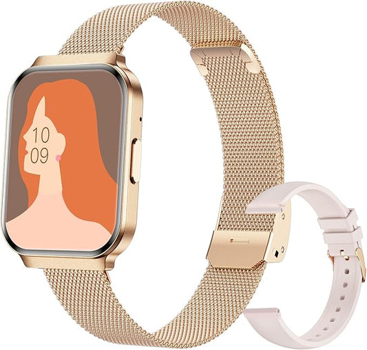 Welfit Women's Smart Watch, 1.75-inch Blood Pressure, Call/Message, Female Cycle Tracking, Heart Rate and Sleep Monitor, IP68 Waterproof for Android and iOS (Gold 2 Straps)