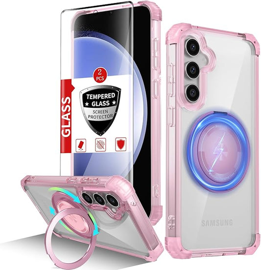 for Samsung Galaxy S23 FE Case Magnetic Compatible with MagSafe,with 2 Screen Protector,Built-in Camera Cover+Stand Ring,Military Grade Drop Shockproof Heavy Duty Protection Phone Bumper Pink