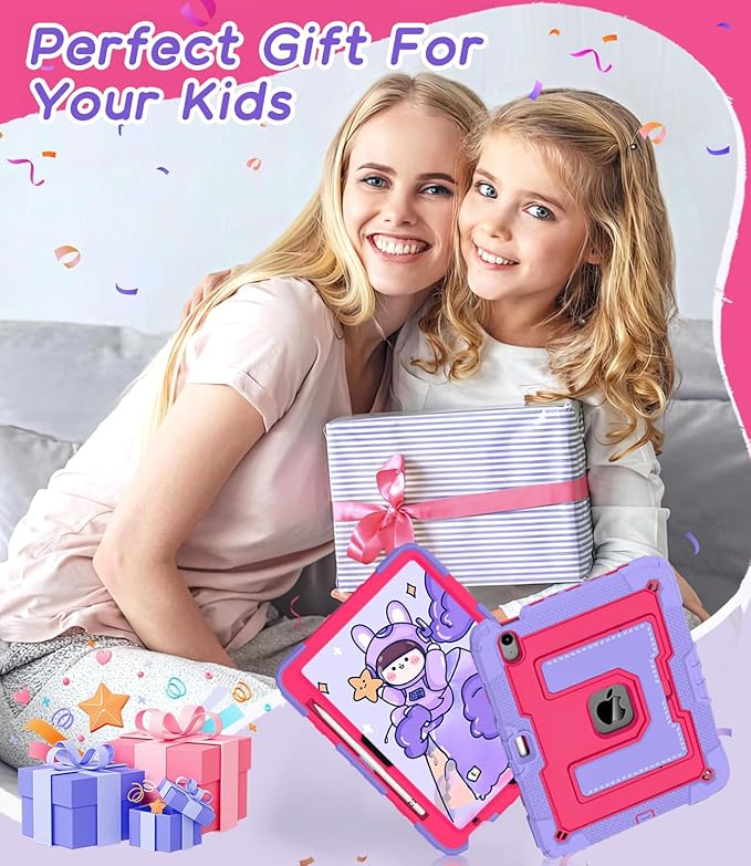 DreamerX for iPad Air 11 Inch Case M3(2025) / M2(2024), iPad Air 5th Generation 2022/Air 4th Gen 2020 10.9 Inch Cute Silicone Drop Protective Cover w/Pencil Holder Stand Carrying Strap for Kids, Rose