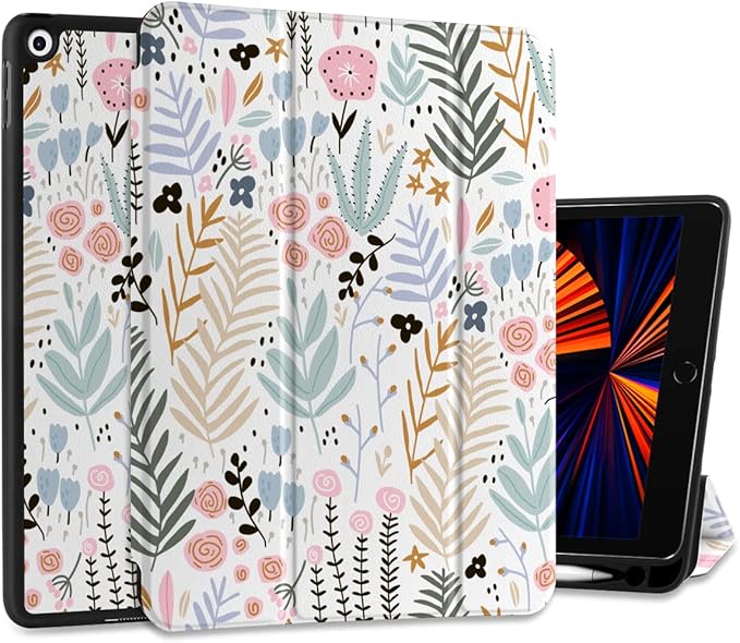 DONGKE Case Compatible with iPad 10.2 Inch 2021 2020 2019 iPad 9th/8th/7th Generation with Pencil Holder, Slim Stand Protective Case with Soft TPU Back, Auto Sleep/Wake Cover, Cute Florals