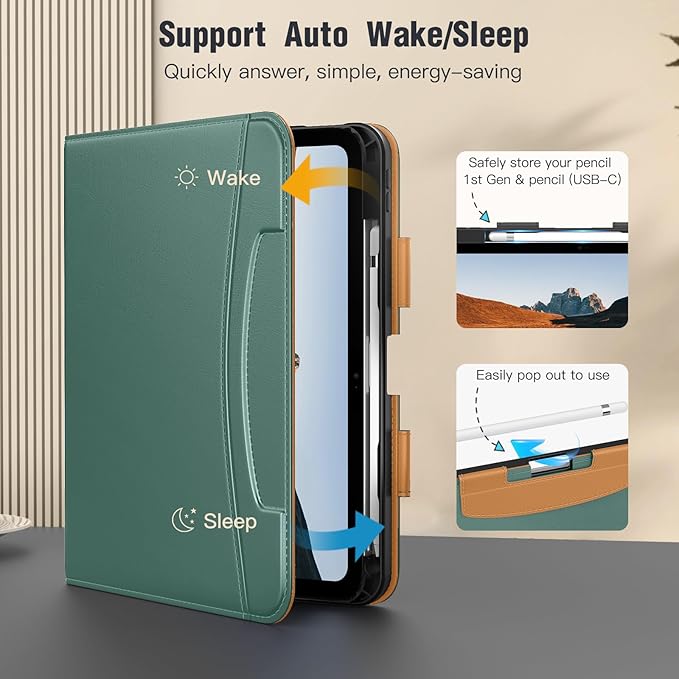 MoKo for iPad (A16) 11th Generation Case 11 inch 2025, iPad 10th Generation Case 10.9" 2022 with Pencil Holder & Pocket, Premium Leather Folio Stand Cover, Multiple Viewing Angles, Green