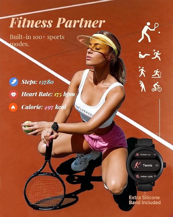 Smart Watch for Women with Two Bands, Fitness Tracker Watch, Heart Rate Monitor, Step Counter, Android & iOS Phones Compatible, Answer/Make Calls, HD Touchscreen, IP68 Waterproof, Black