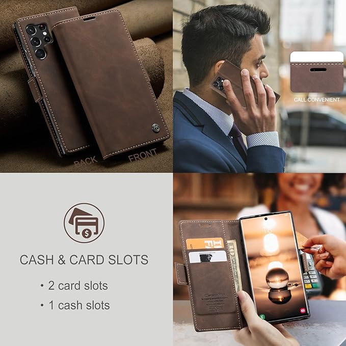 SINIANL for Samsung Galaxy S24 Ultra Case Wallet, Leather Book Folding Flip Cover with Kickstand Card Holders Slots Leather Case for Galaxy S24 Ultra Coffee